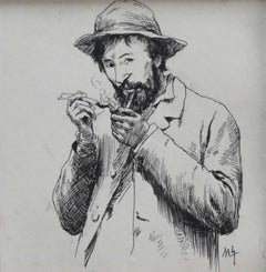 Felician Myrbach (1853-1940) Ein Mann, der seine Pfeife beleuchtet, signierte Tuschezeichnung