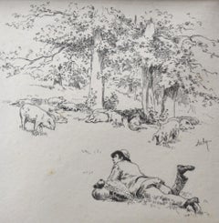 Felician Myrbach (1853-1940) A little sheppard and his pigs, signed Ink drawing