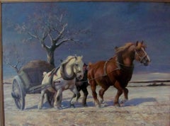 Winter Landscape scene -  Horses Drawing A Cart in snow, early 20th century
