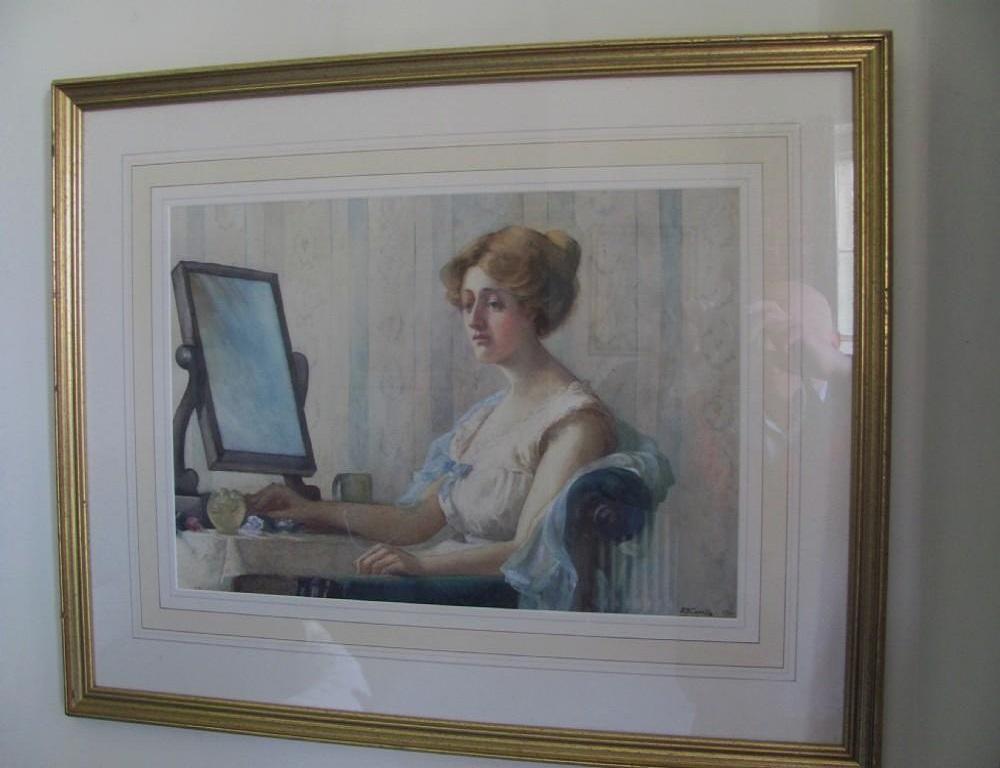 A lady at her dressing table Signed and indistinctly dated 190*, watercolour, Miss K* B* Curtis (ex.1917 -1919) framed and glazed(modern frame)
Miss K* B* Curtis exhibited 1917-1919 portrait and figure painter also a sculptor .She lived in Bristol