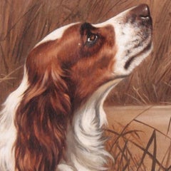 Springer Spaniel dog flushing a duck, landscape oil - signed J A Wheeler