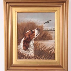 Springer Spaniel dog flushing a duck, landscape oil - signed J A Wheeler 
