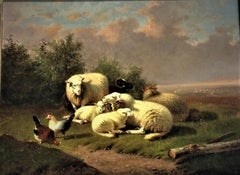 19th century landscape of Sheep and poultry in a meadow, Jacob Van Dieghem