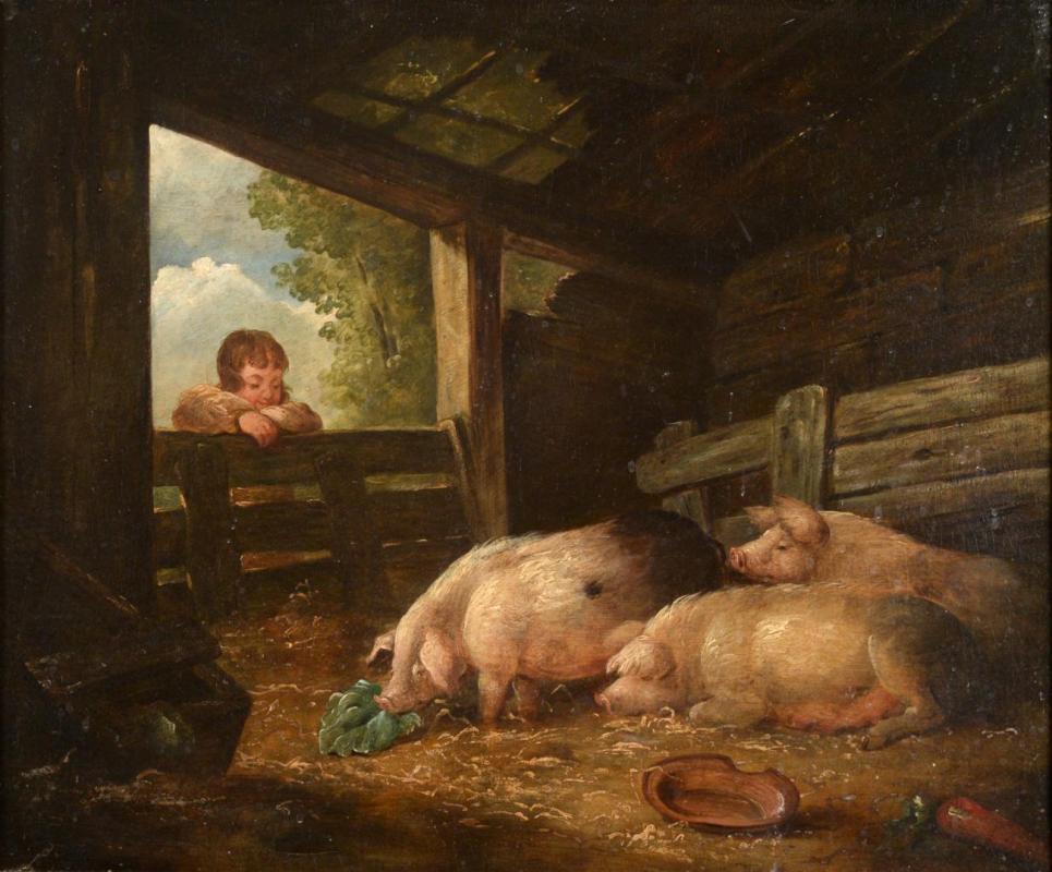 george Morland (attributed to) Animal Painting - Pigs in a barn, country scene, 18th century landscape, Attributed George Morland