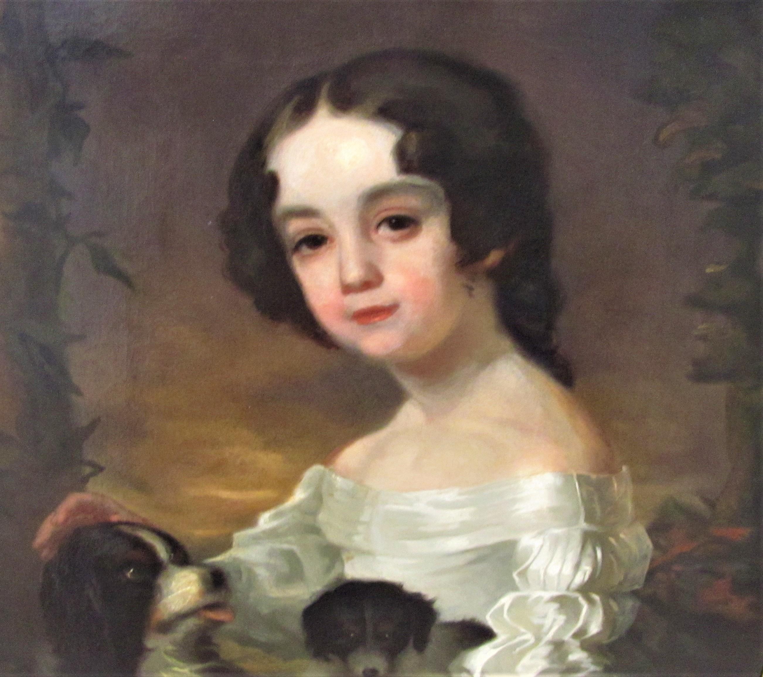 Portrait of a girl  with  two dogs, 19th century, After Sir William Beechey - Painting by Sir William Beechey (after)