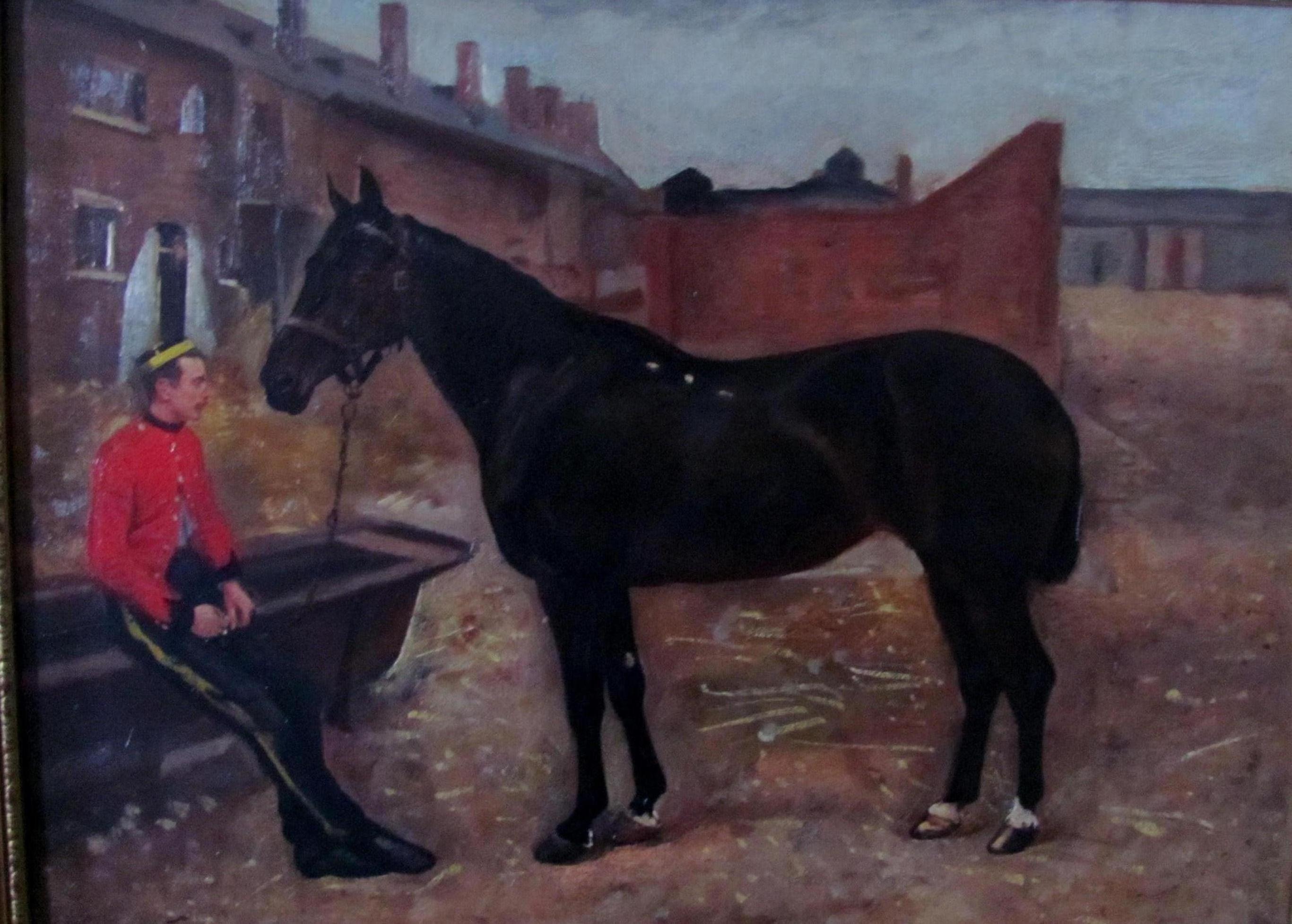 William Edward Millner Figurative Painting - Bay Horse With Army Officer-19th century, oil, old master.landscape painting