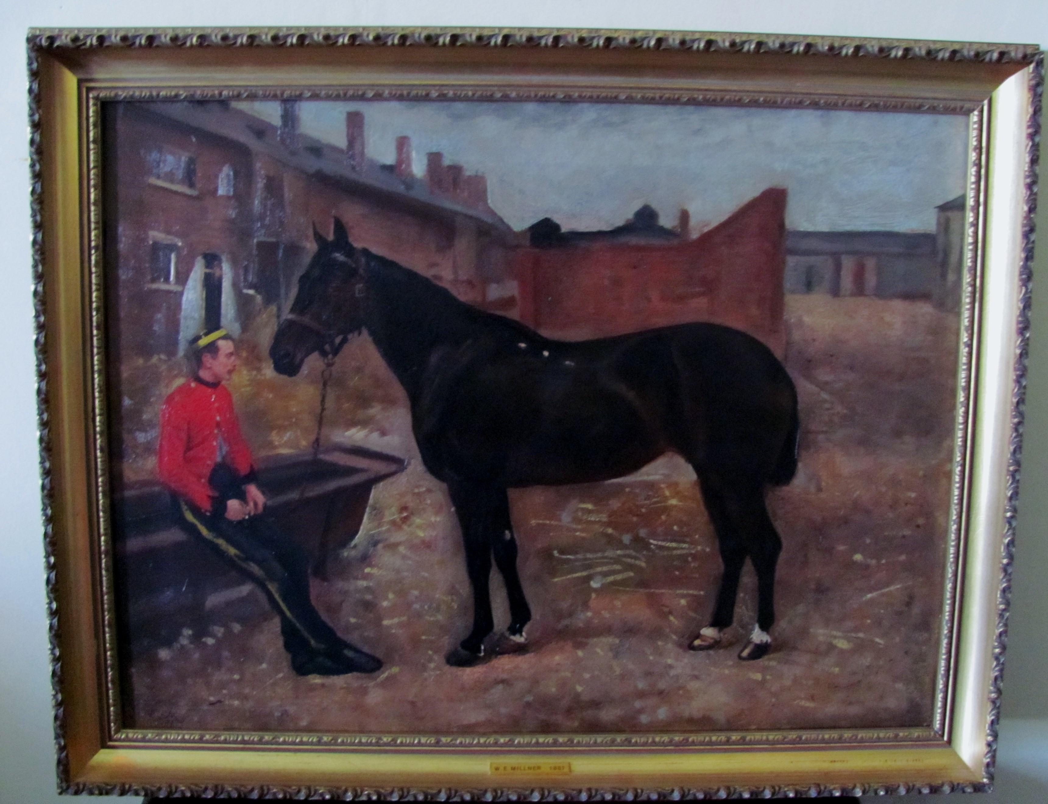 Bay Horse With Army Officer-19th century, oil, old master.landscape painting - Painting by William Edward Millner