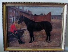 Bay Horse With Army Officer-19th century, oil, old master.landscape painting