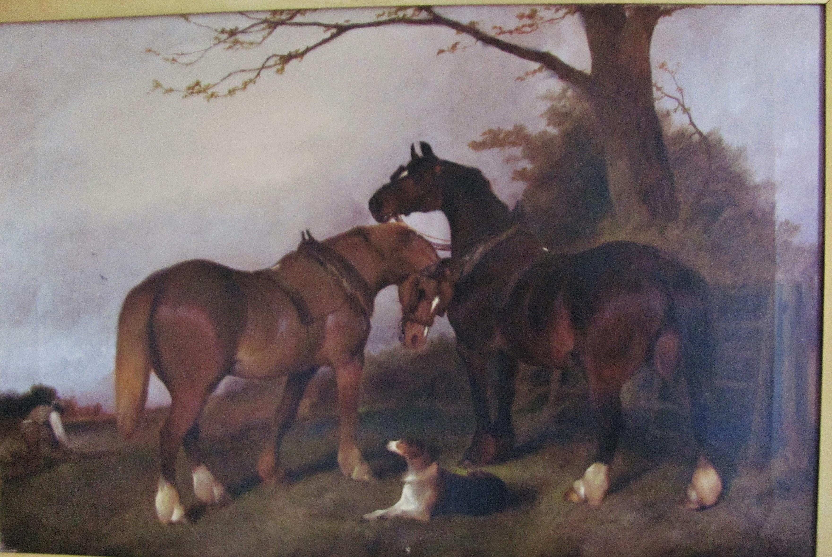 Plough Team Horses And A Dog In A Landscape- Oil, landscape painting, old master - Brown Animal Painting by George Wright 