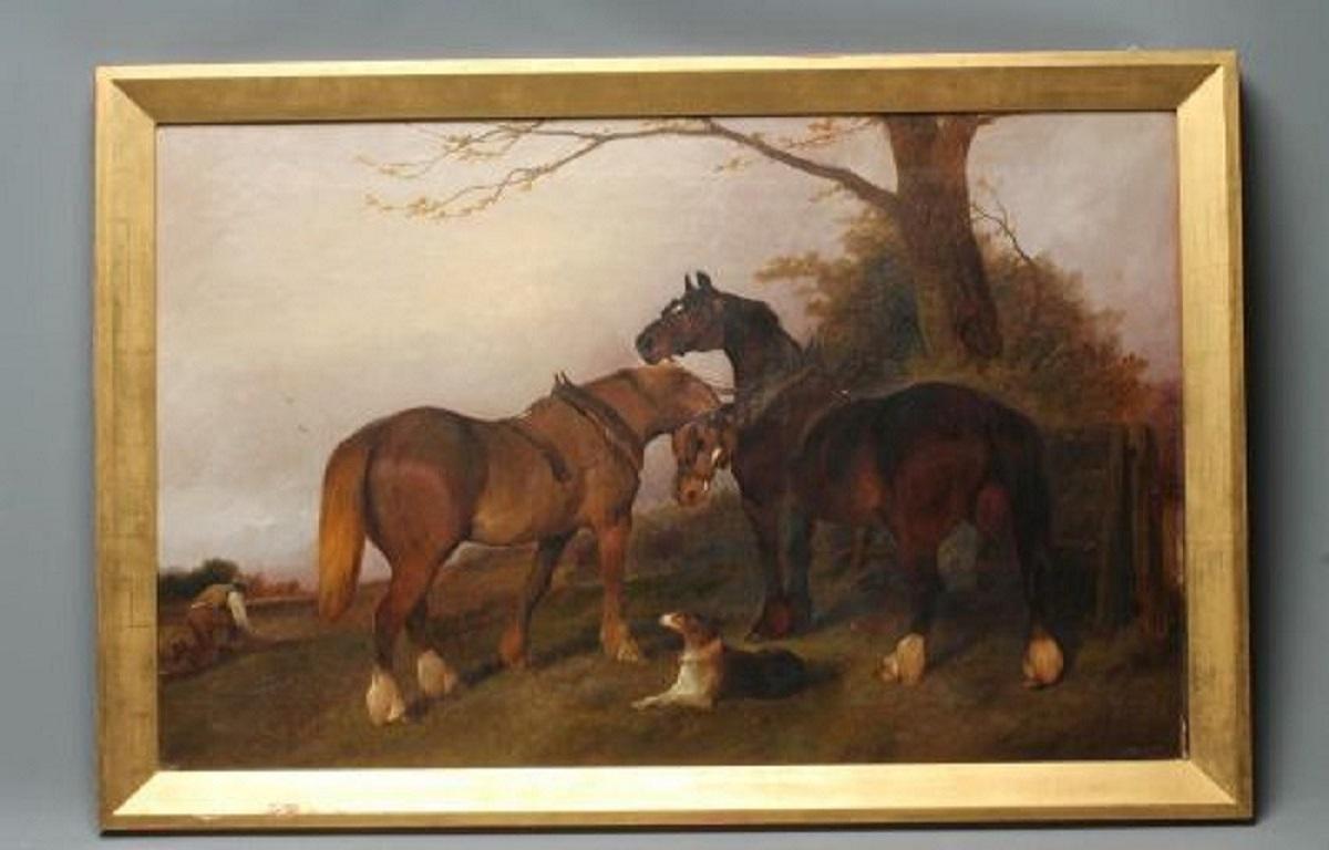 Plough Team Horses And A Dog In A Landscape- Oil, landscape painting, old master  - Painting by George Wright 
