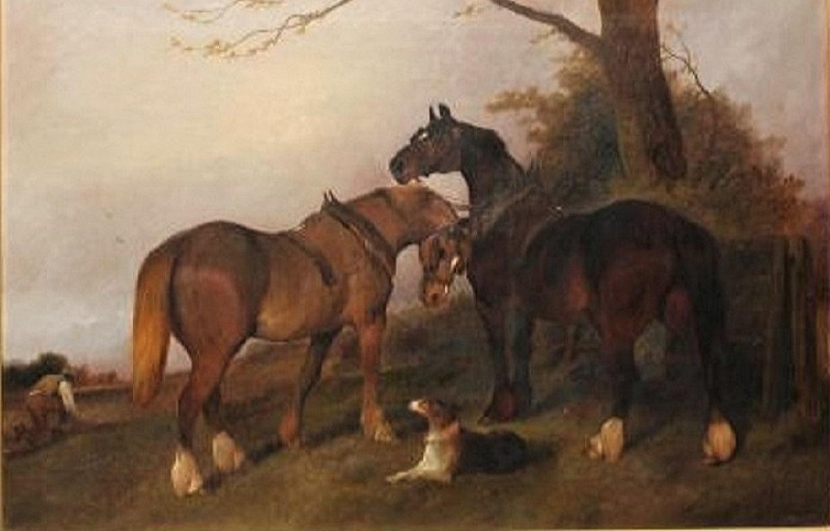 Plough Team Horses And A Dog In A Landscape- Oil, landscape painting, old master  - Old Masters Painting by George Wright 