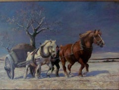 Winter Landscape scene -  Horses Drawing A Cart in snow, early 20th century 