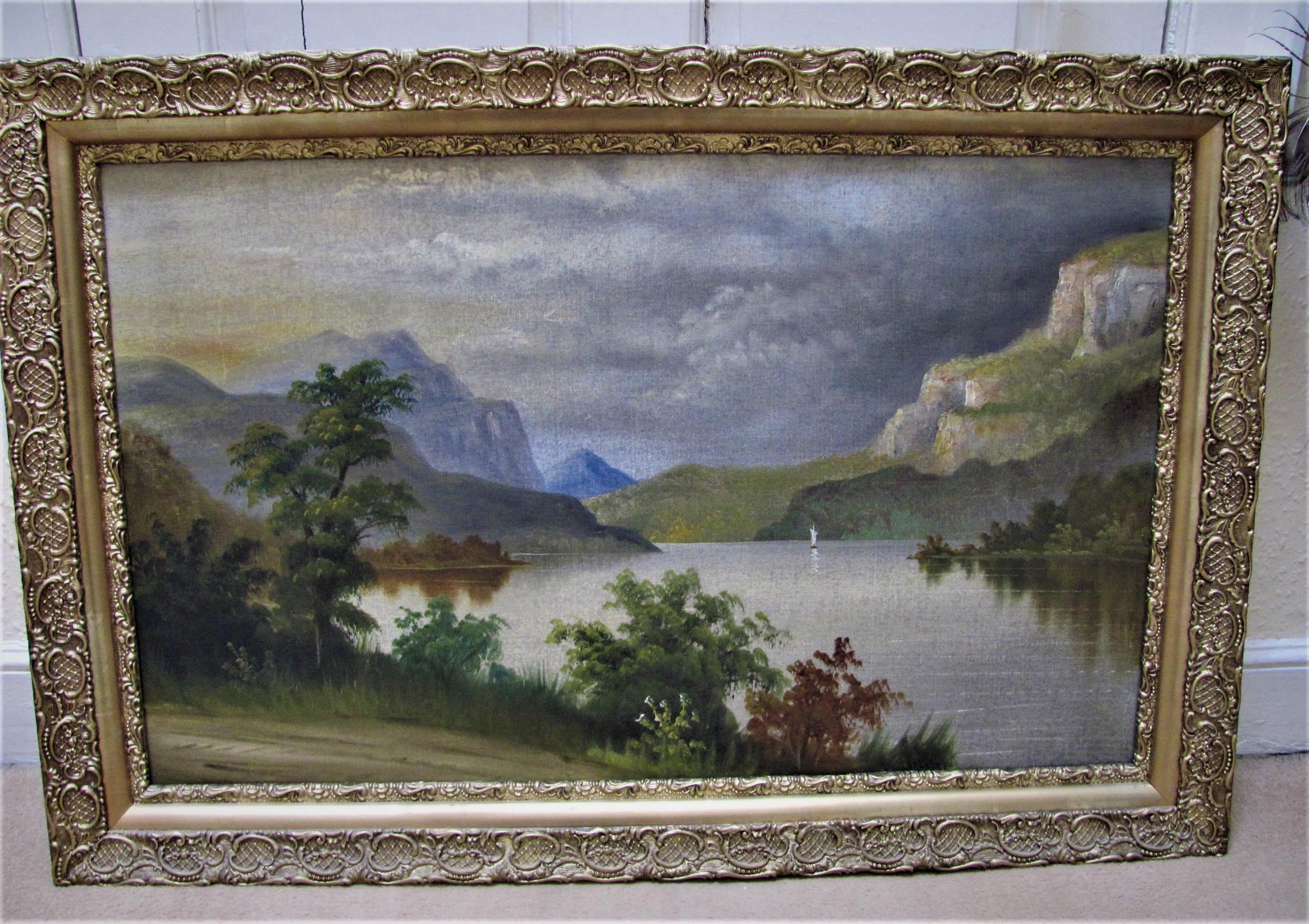 19th century oil mountain/lake- landscape  scene manner de breanski - Painting by Unknown
