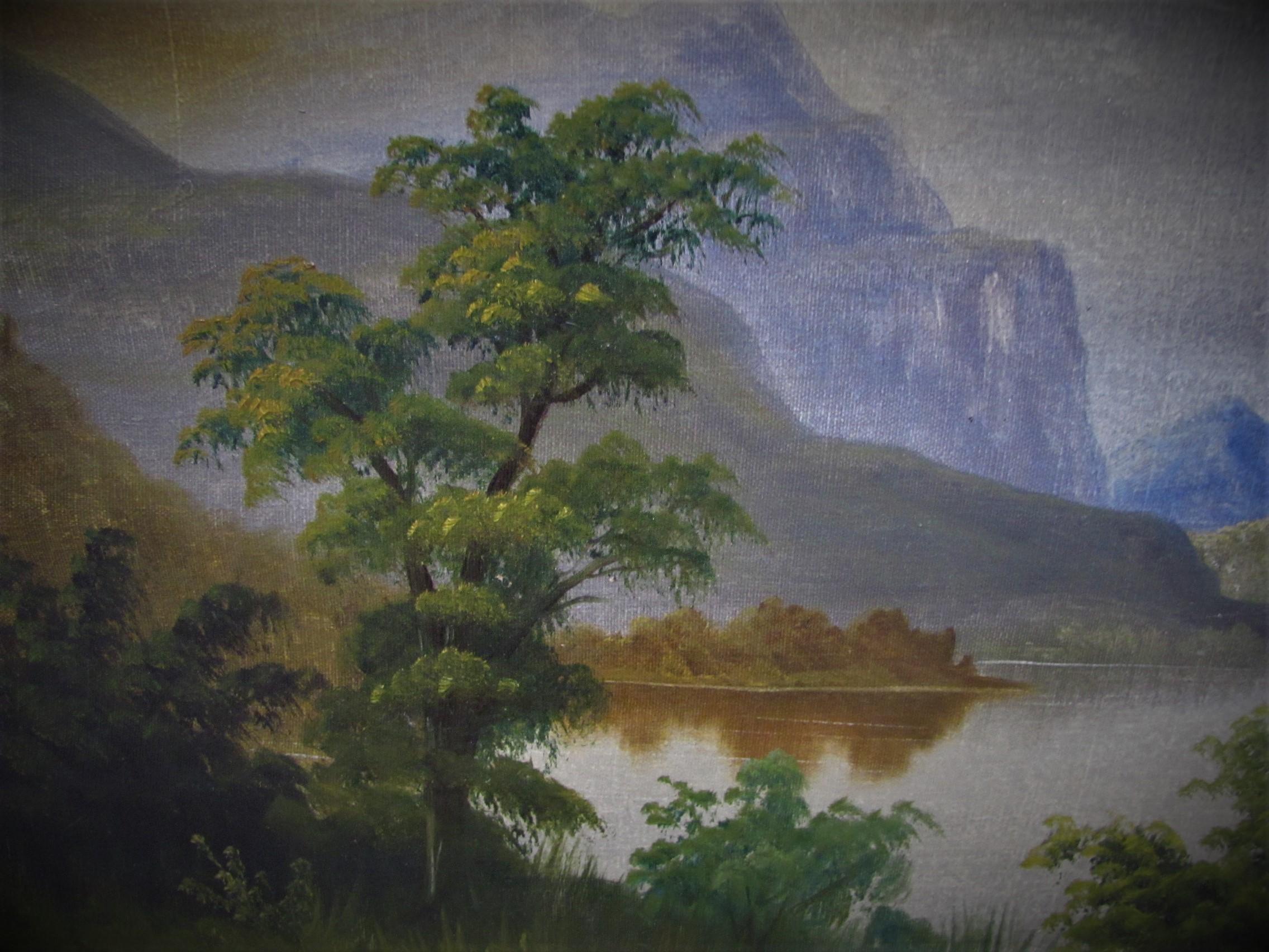 19th century oil mountain/lake- landscape  scene manner de breanski - Black Landscape Painting by Unknown