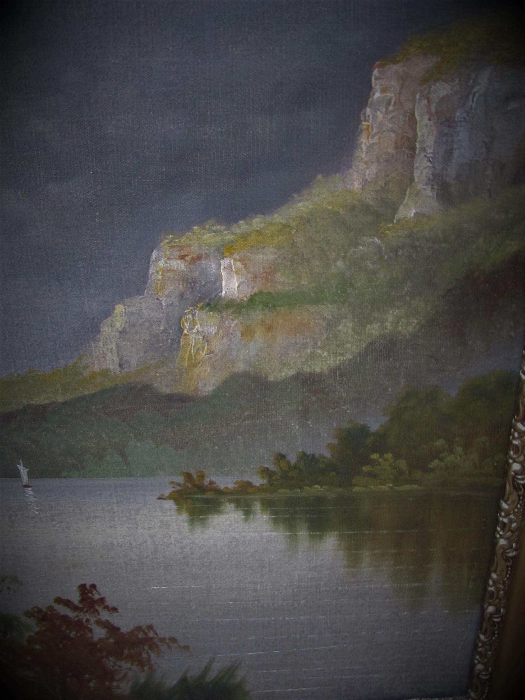 19th century oil mountain/lake- landscape  scene manner de breanski For Sale 1