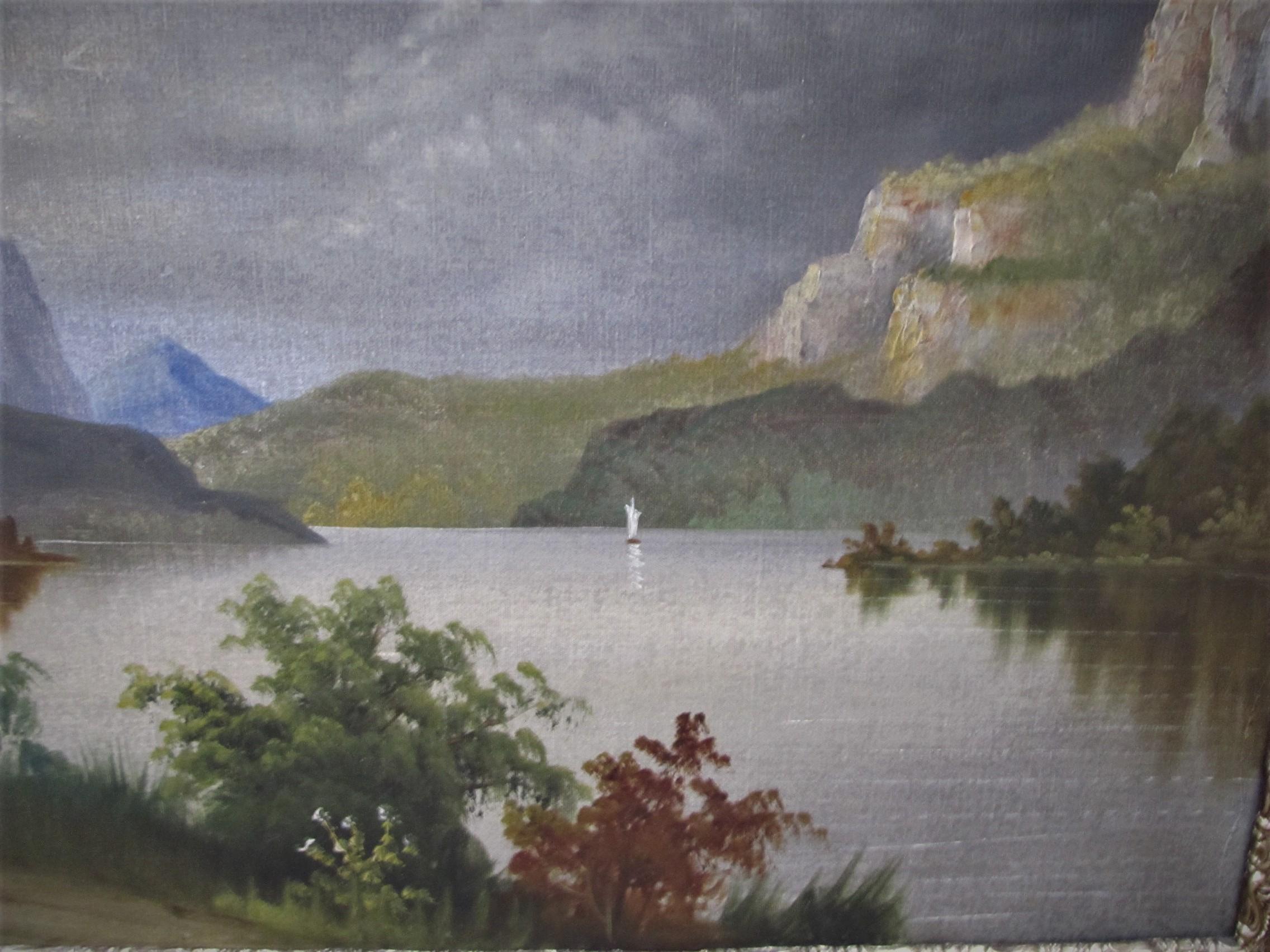 19th century oil mountain/lake- landscape  scene manner de breanski For Sale 3