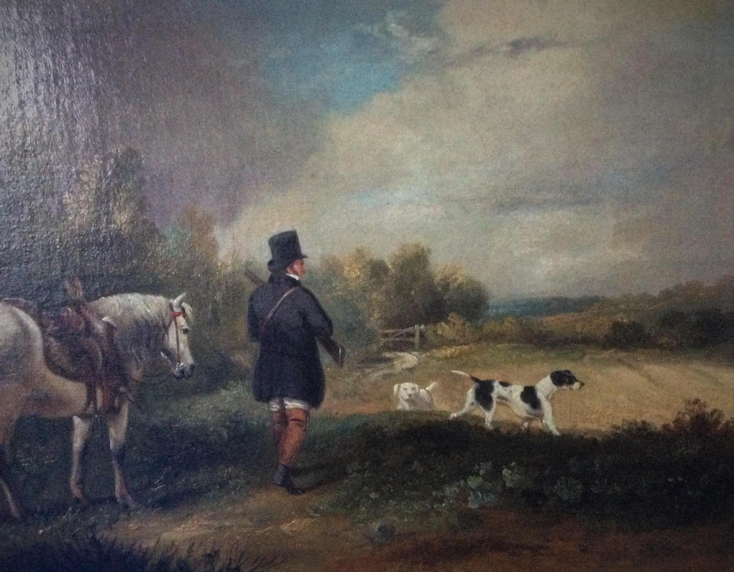 Follower Julius Caesar Ibbetson Landscape Painting - Gentleman, Horse, dogs, Shooting, hunting, Country Scene - 19th century, landscape