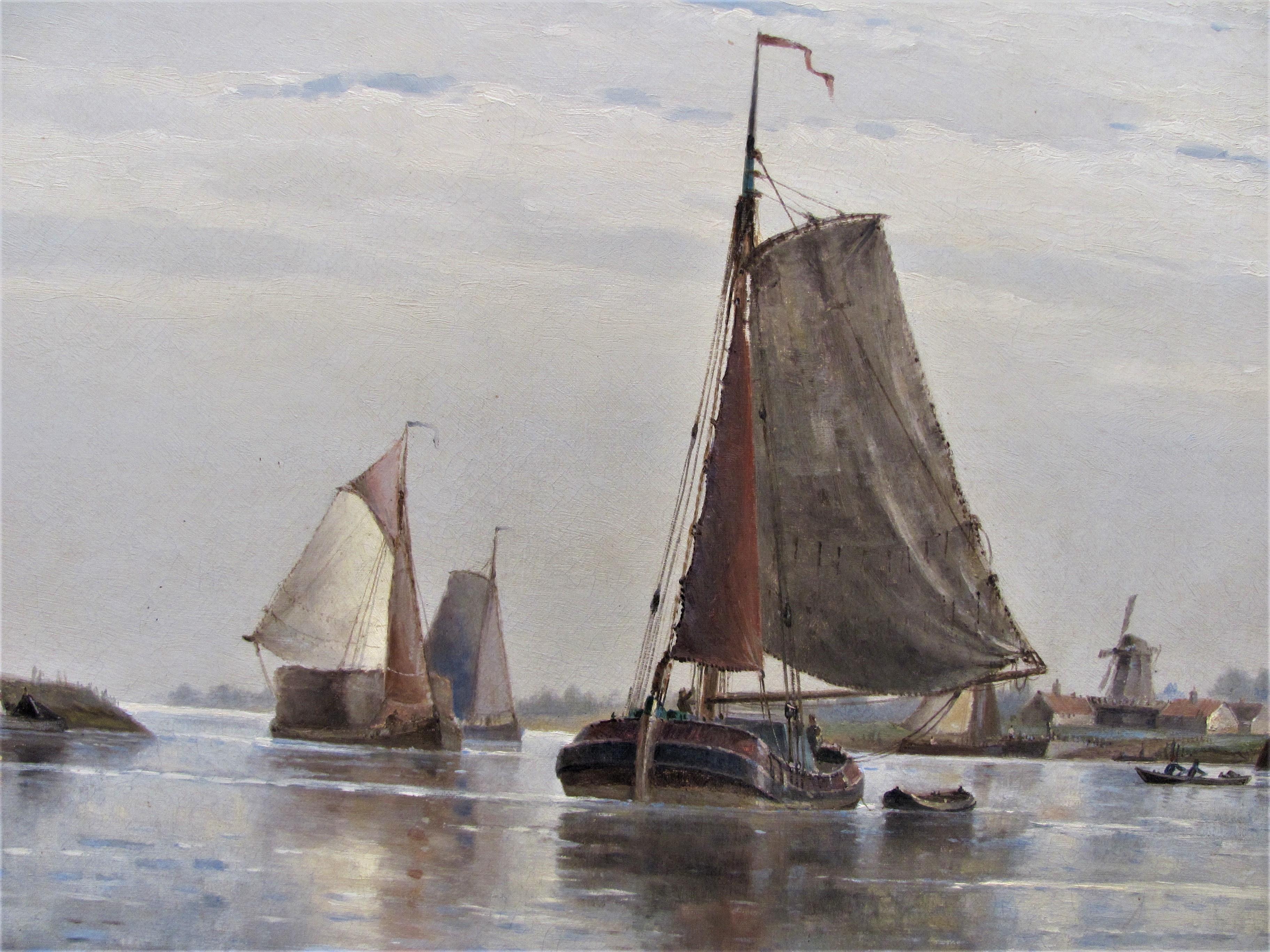 19th century seascape oil 'Near Dortrecht Holland' Frederick James Aldridge For Sale 6