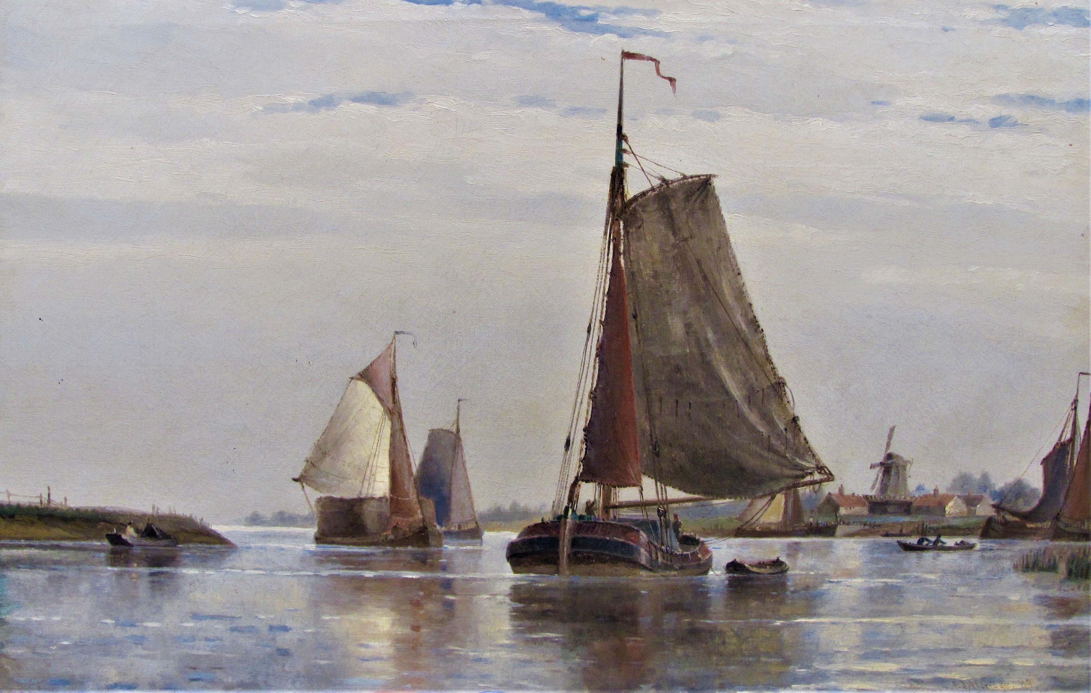 19th century, victorian, English marine oil painting, on canvas.Beautiful scene depicting hay barges and dutch fishing craft off the Dutch coast, village and windmill beyond.
A rare, professionally composed and confidently executed seascape housed