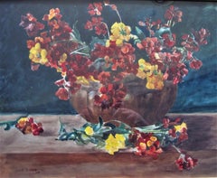  still life vase of flowers, wallflowers, by Owen Bowen, watercolour