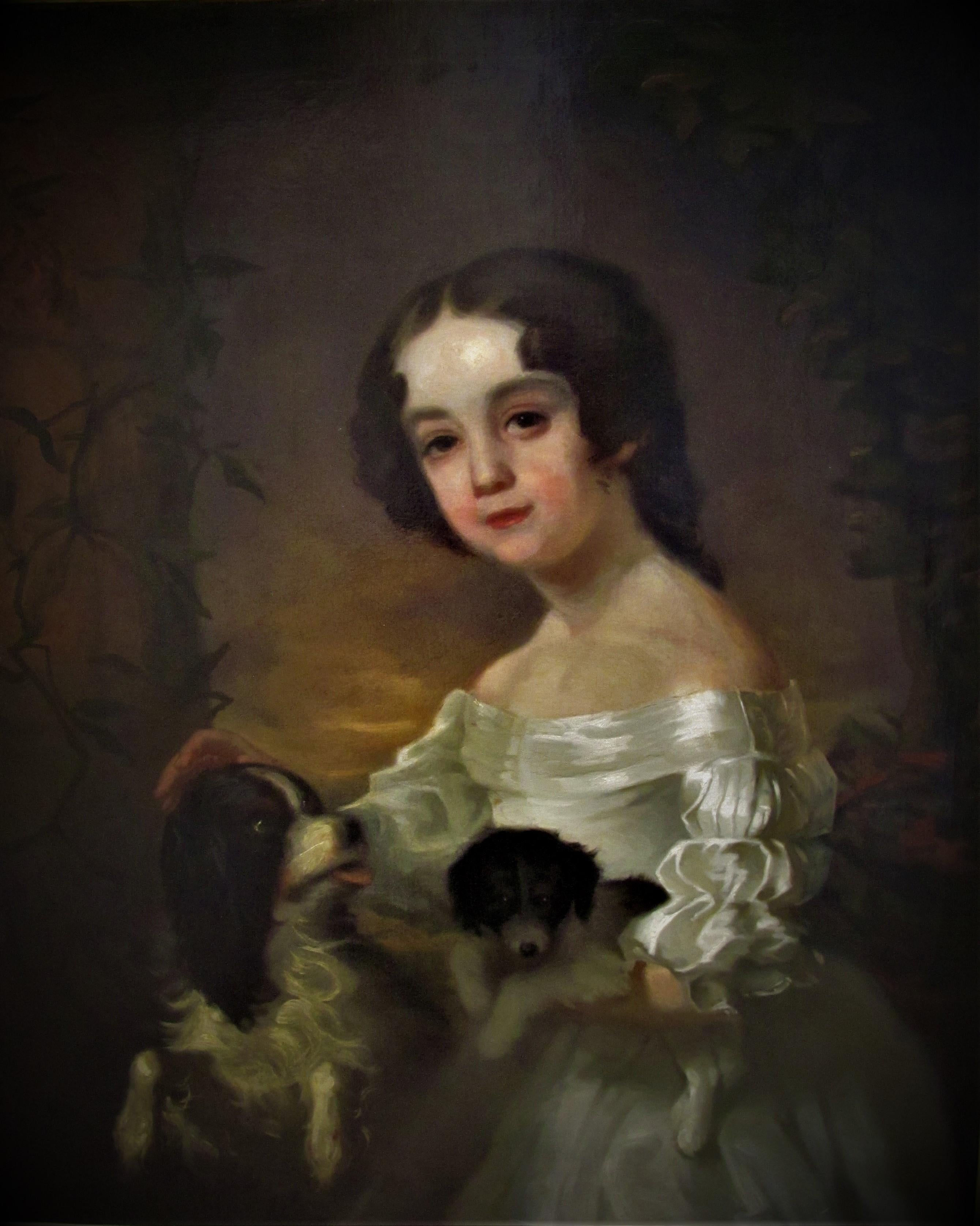 Sir William Beechey (after) Portrait Painting - Portrait of a girl  with  two dogs, 19th century, After Sir William Beechey