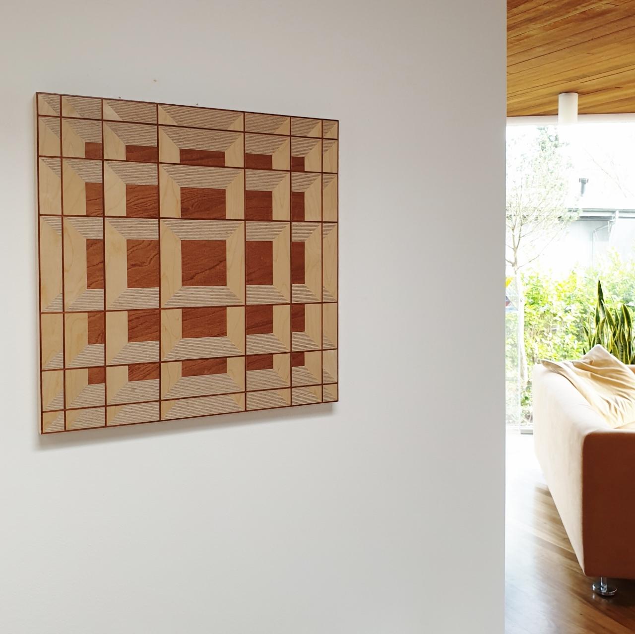Grid 20-01 - contemporary modern abstract geometric wood veneer painting object - Painting by Hanneke Rijks