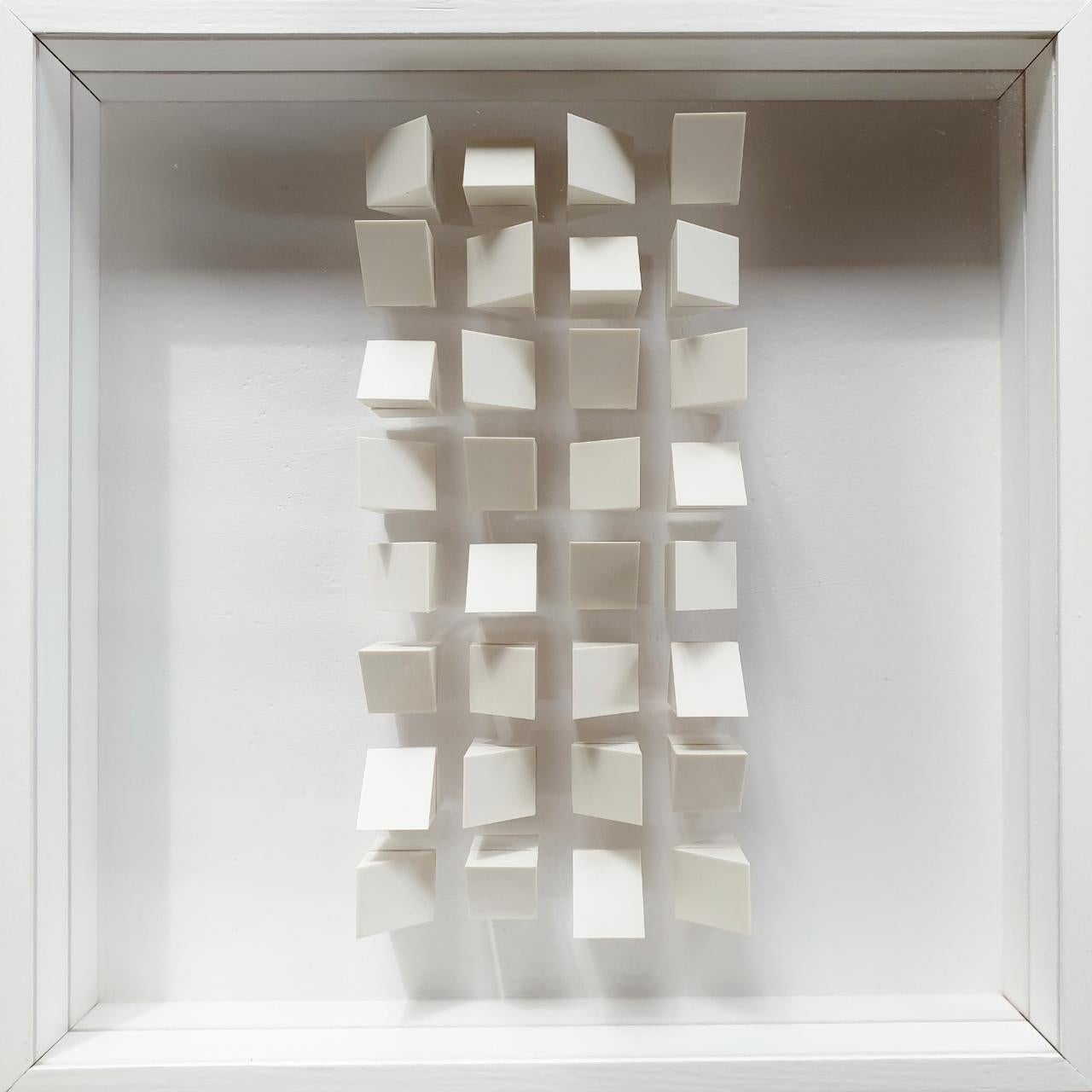 Collectors Item! Pfahl 1a is a contemporary modern painting relief by renowned German artist Klaus Staudt. The relief is made from meticulously cut polystyrol elements that are mounted on both sides of a plexiglass divider inside a box frame. The