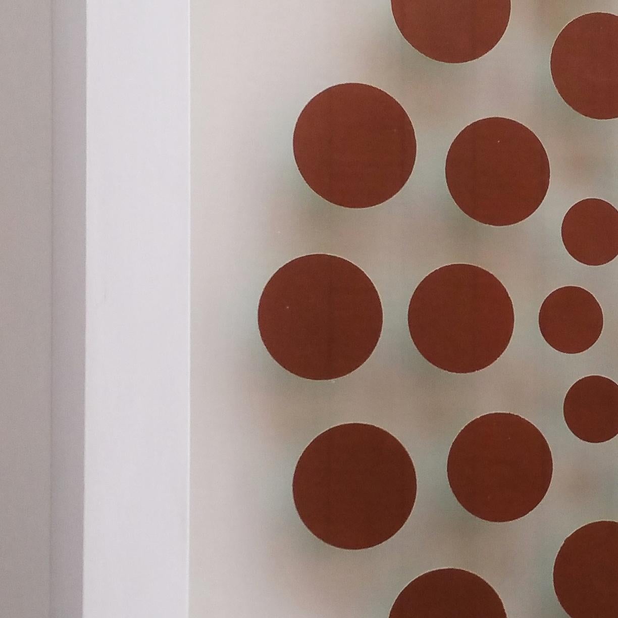 47 Dots V is a unique small size contemporary modern paper relief by renowned Polish-Dutch artist Eliza Kopec. This relief is a typical example of her preferred minimalist abstract geometric vocabulary. Carefully cut round paper elements (coloured
