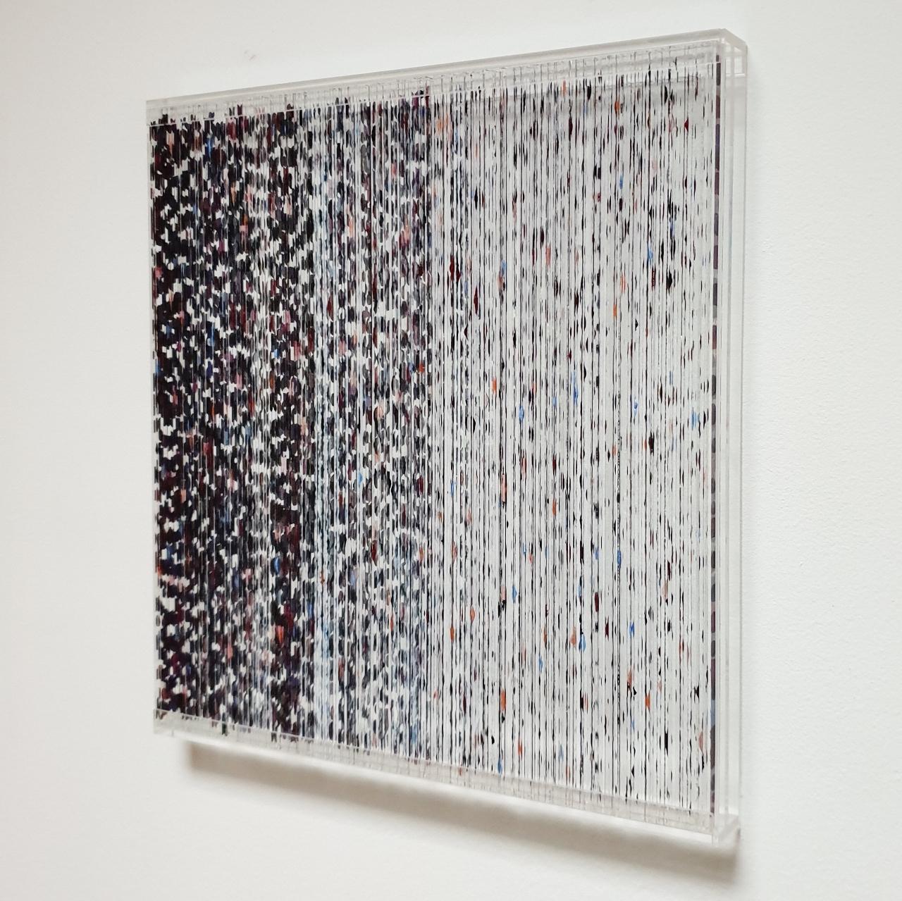 Farbenlichthaut no. 153 is a contemporary modern organic sculpture painting relief by German artist Freddie Michael Soethout. The relief is made from dozens of hand-cut two millimeter thick glass strips covered with a dotted organic pattern of