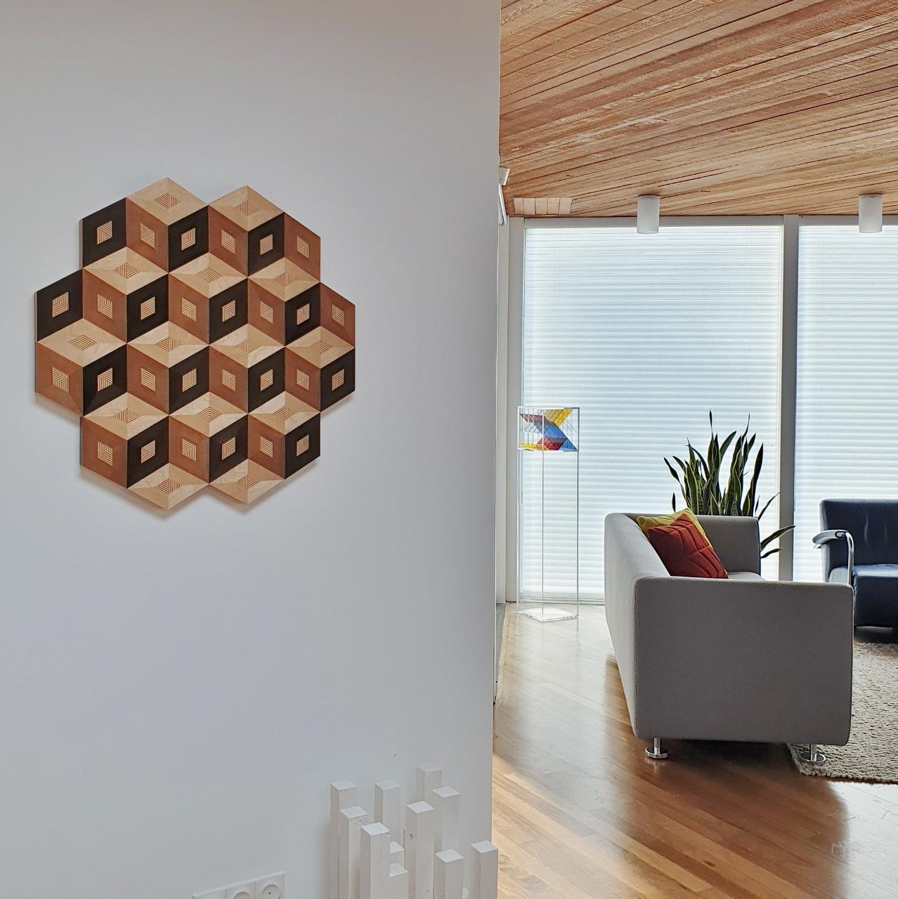 Cubes XL - contemporary modern abstract geometric wood veneer painting object - Painting by Hanneke Rijks