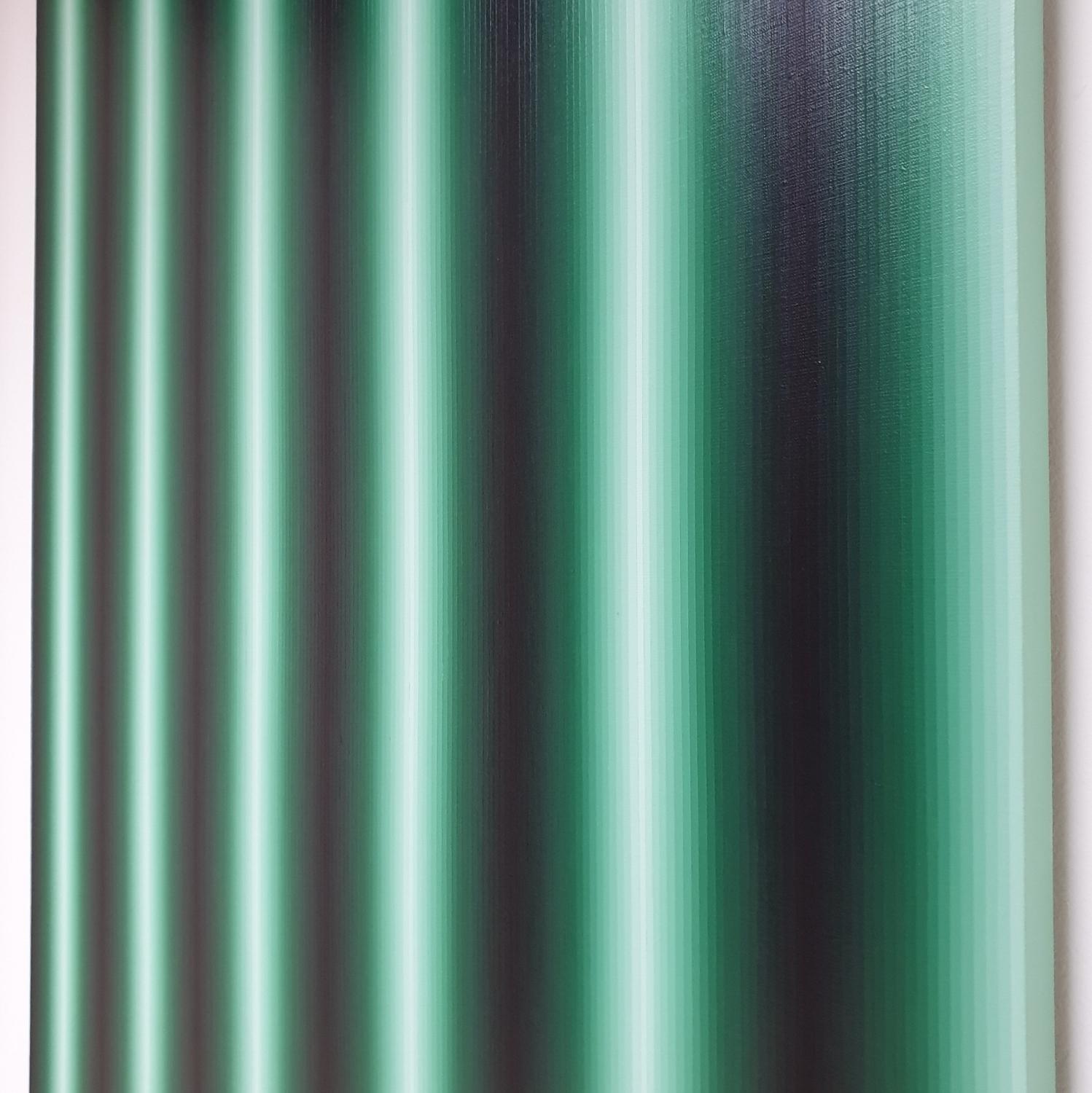 Green Management is a unique contemporary modern painting by renowned Polish-Dutch artist Eliza Kopec. The painting is a typical example of her preferred minimalist abstract geometric vocabulary. 220 carefully hand painted 5 mm wide stripes with a