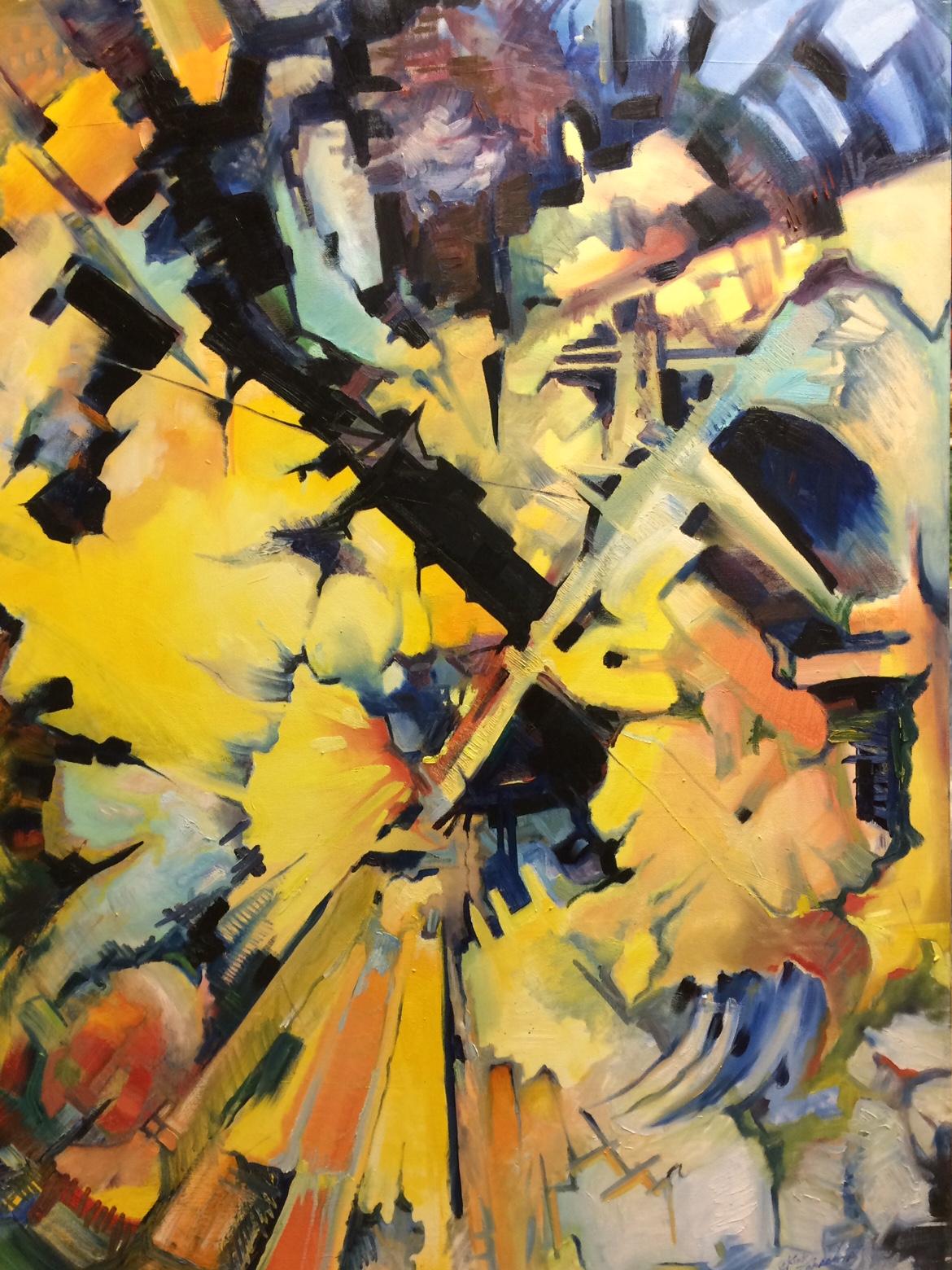 Kirk Larsen Abstract Painting - Big Yellow, original 40x30 abstract oil painting