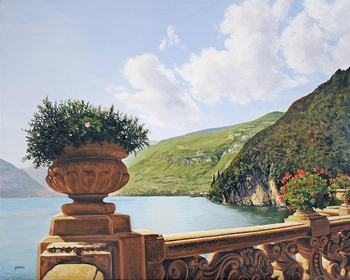 View from Villa Balbaniello,  original 30x40 realistic Italian landscape - Painting by Joseph Genova