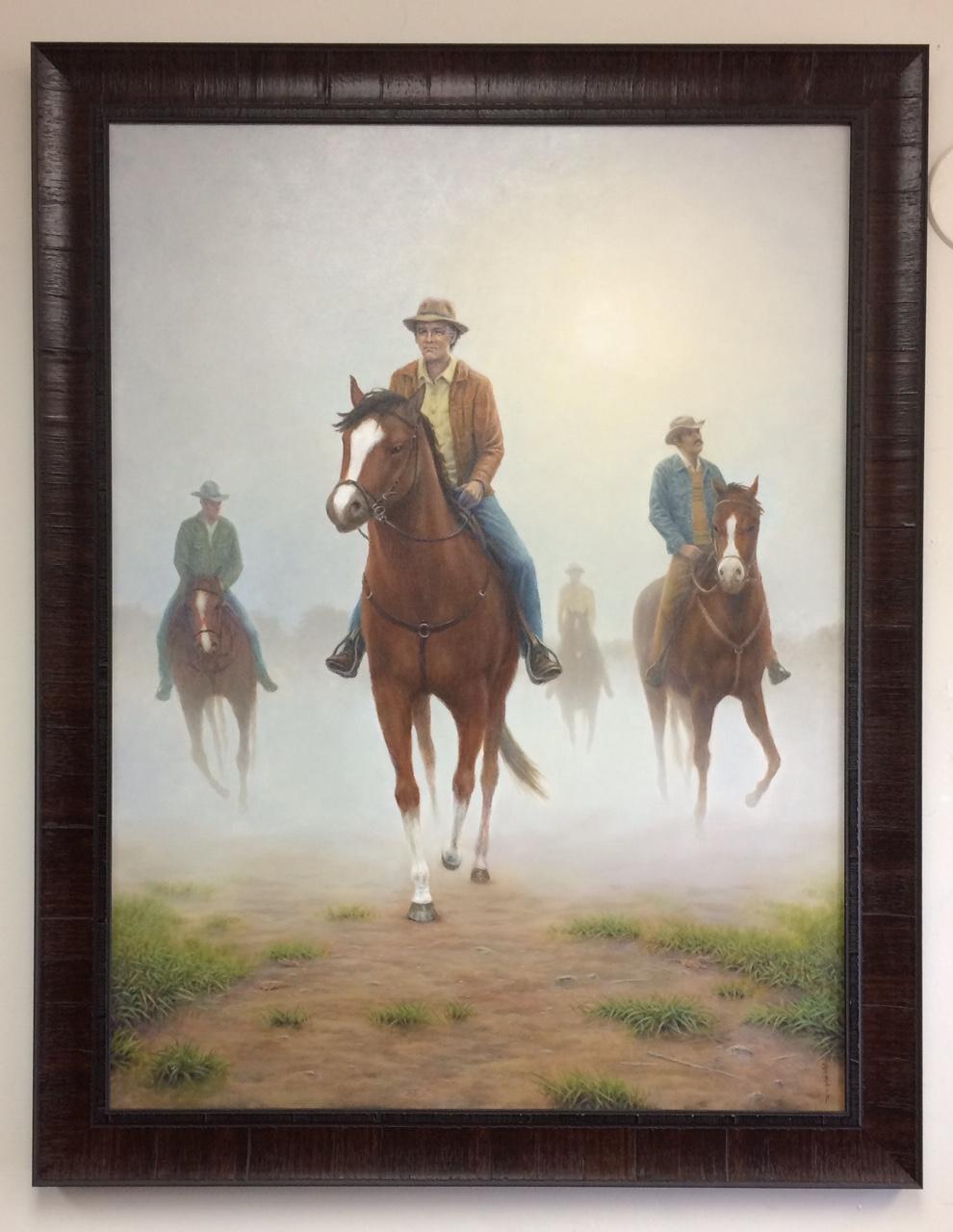 Landscape Painting de Barry DeBaun - Los Jinetes, paisaje ecuestre realista original de 40x30