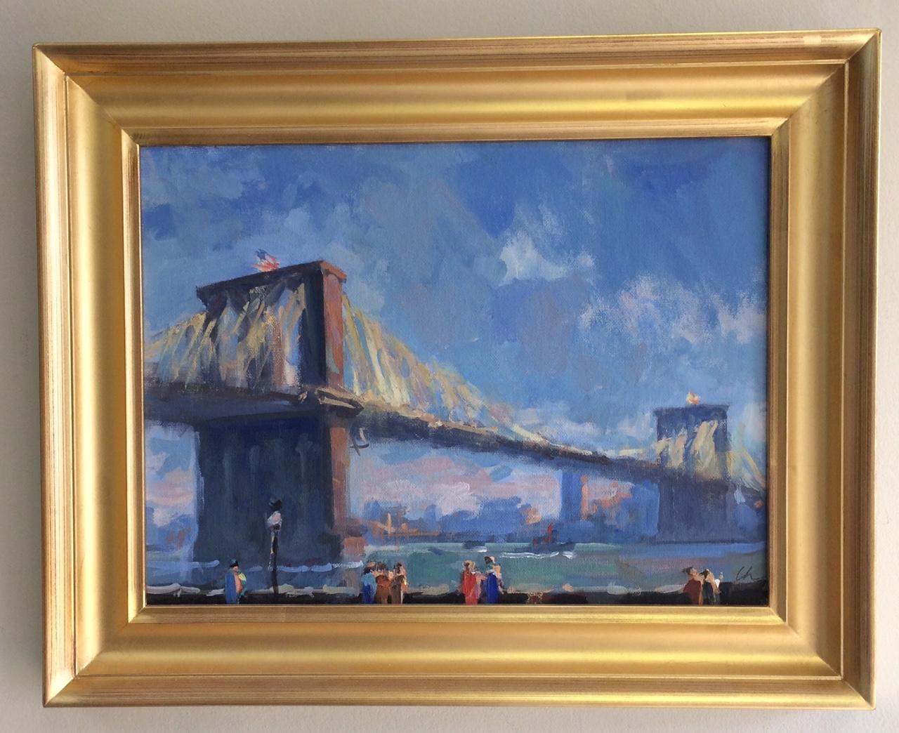 Lee Haber Landscape Painting - Golden Hour Brooklyn Bridge, original impressionist landscape