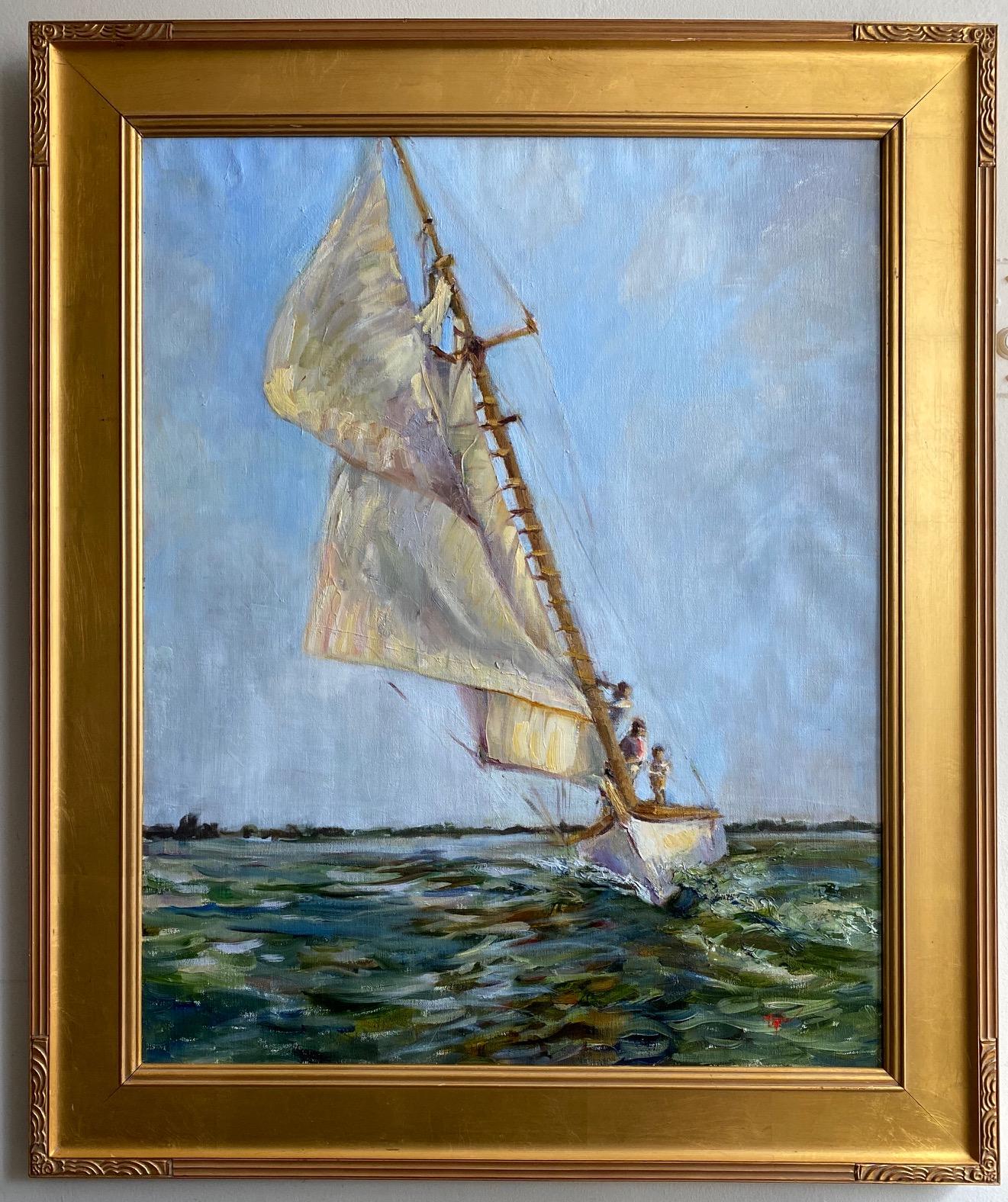 Doreen Tighe Figurative Painting - Sailing Bayside, original 30x24 impressionist marine landscape