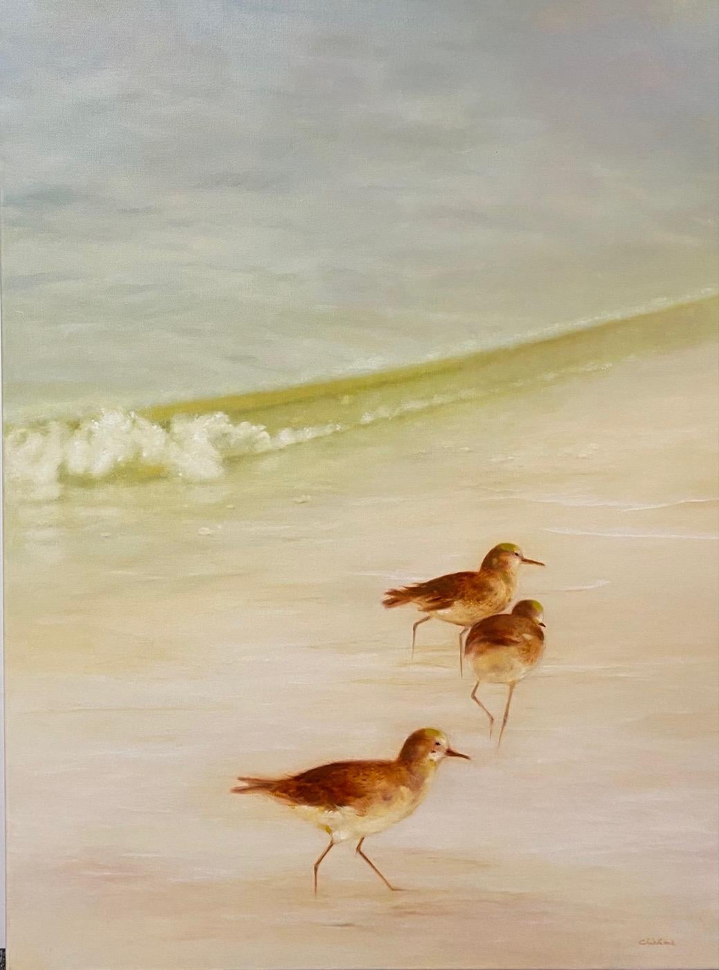 Sandpipers, original 40x30 contemporary marine landscape - Painting by Chieh-Nie Cherng