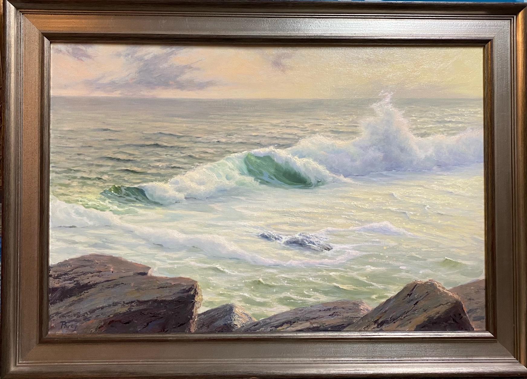 Landscape Painting Laura Paray - Golden Surf, paysage marin original 20x30