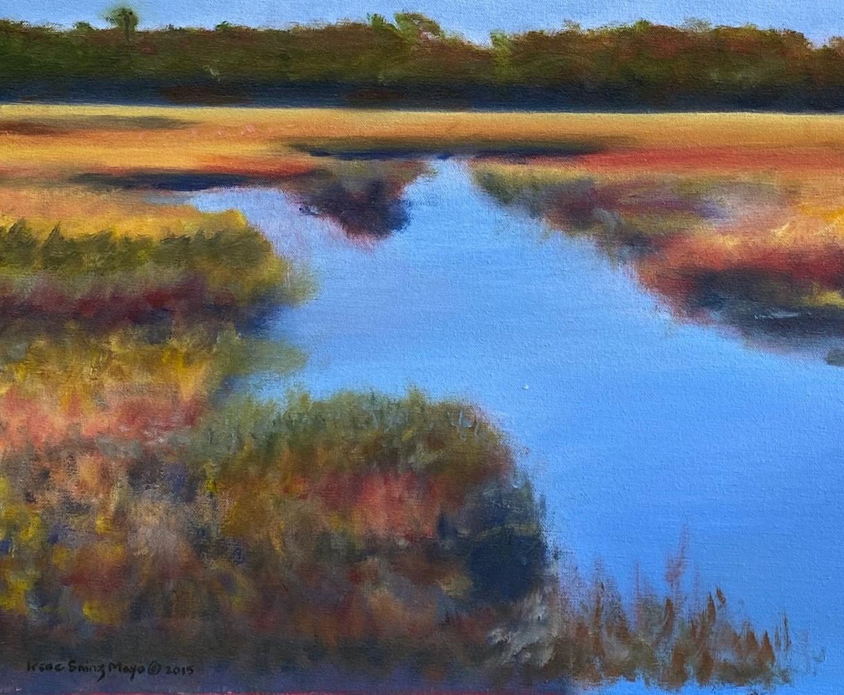 The cool blue sky and waters in the creek at high tide is memorialized in this contemporary expressionist marine landscape by leading Savannah, Georgia artist Irene S. Mayo.  Inspired by her environs along the southeastern United States coastline