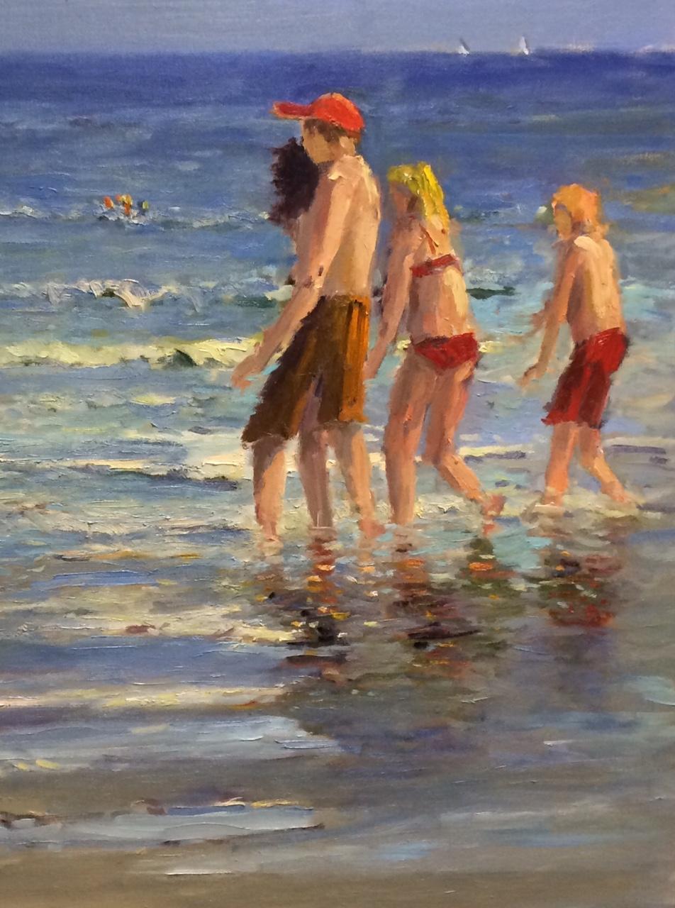 Afternoon at the Shore,  original 40x36 figurative marine landscape - Impressionist Painting by Robert Waltsak