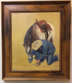 Fijar la espuela, original 24x20 paisaje impresionista figurativo del suroeste