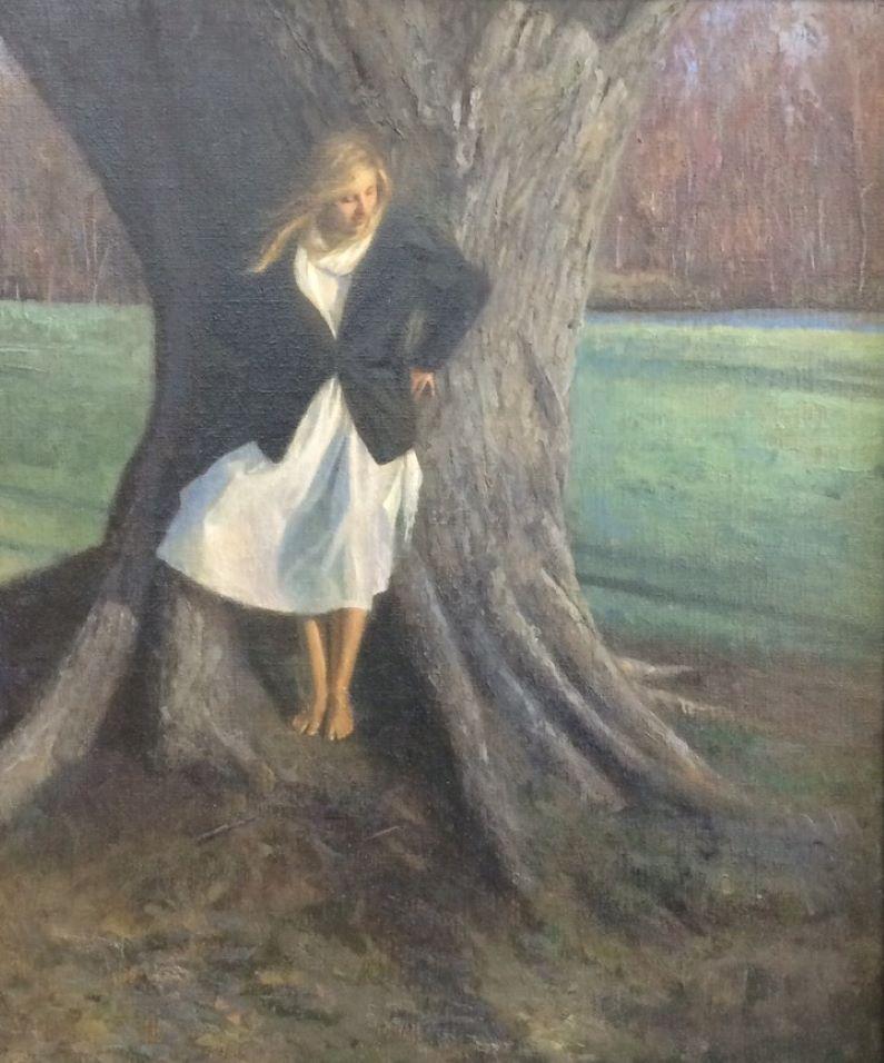 Dream Tree, original realistic figurative landscape - American Impressionist Painting by Neal Hughes