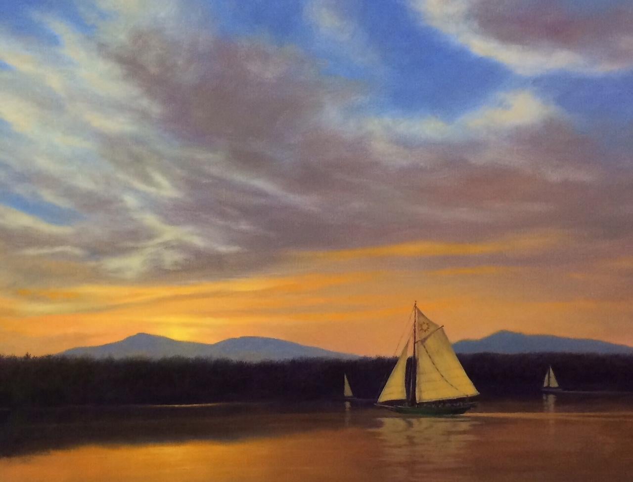 Clearwater's Sunset Voyage, original realistic seascape - Painting by Barry DeBaun