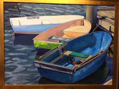 Trois Dinghies, paysage contemporain original de 91 x 122 cm