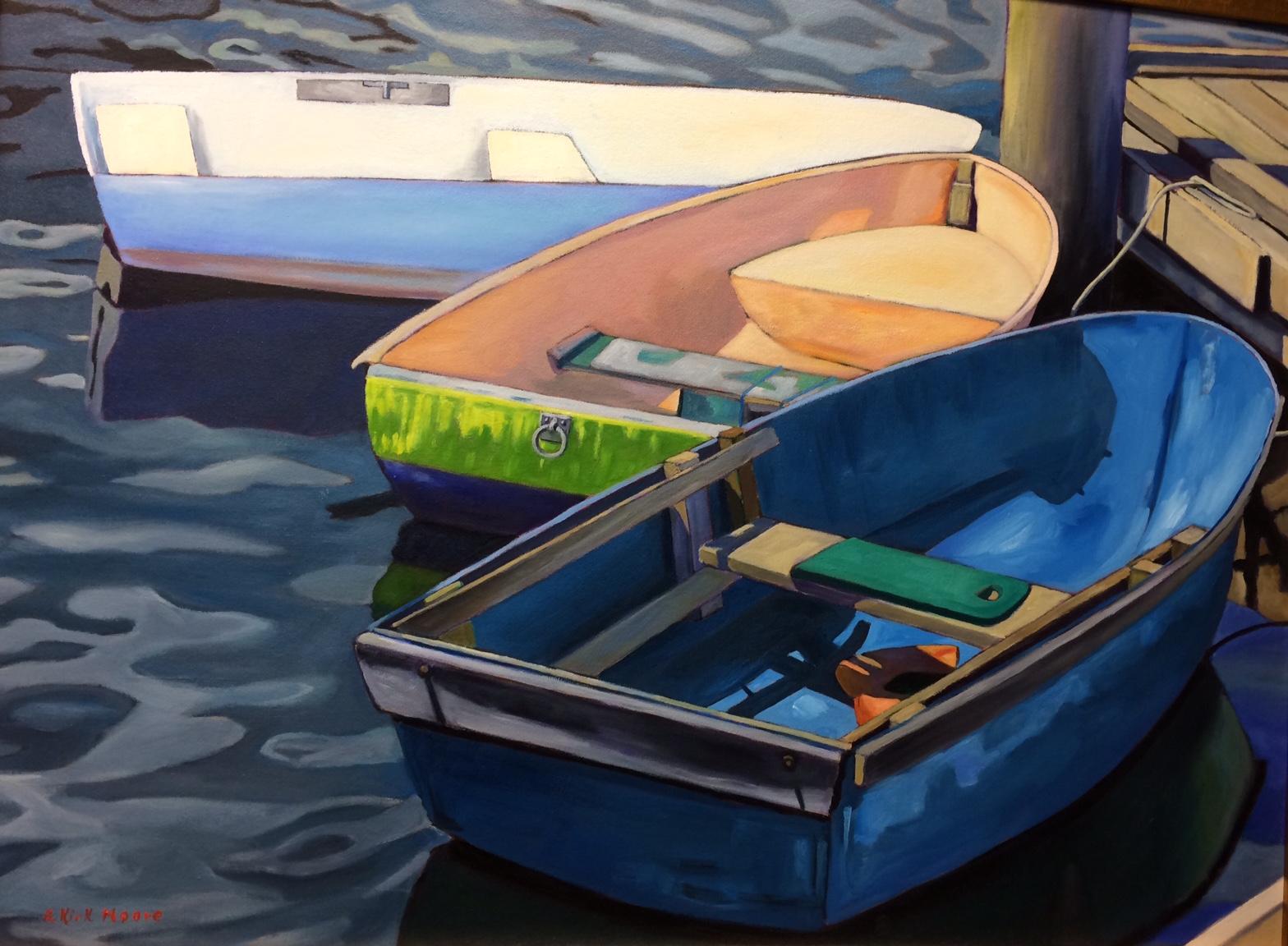 Three Dinghies, original 36x48 contemporary landscape - Painting by R. Kirk Moore