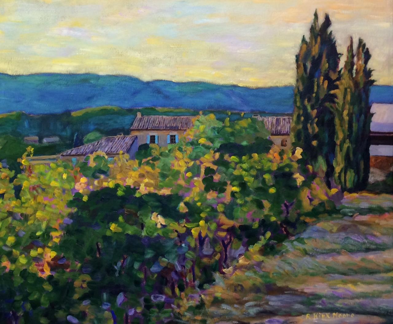 Vineyard and Farmhouse, Provence, original French impressionist landscape - Painting by R. Kirk Moore