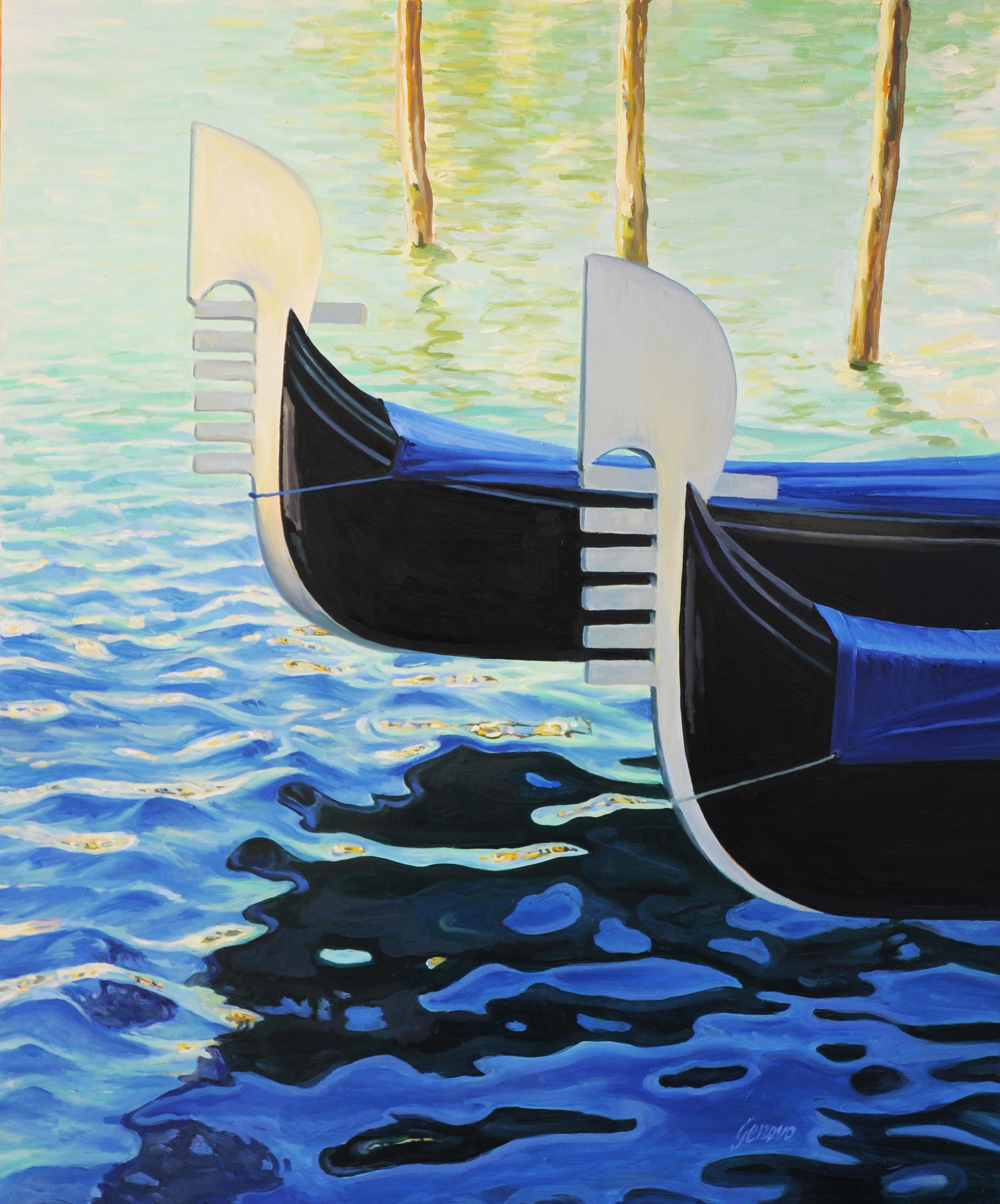 Two Gondolas, Venice, original photorealistic contemporary landscape - Painting by Joseph Genova