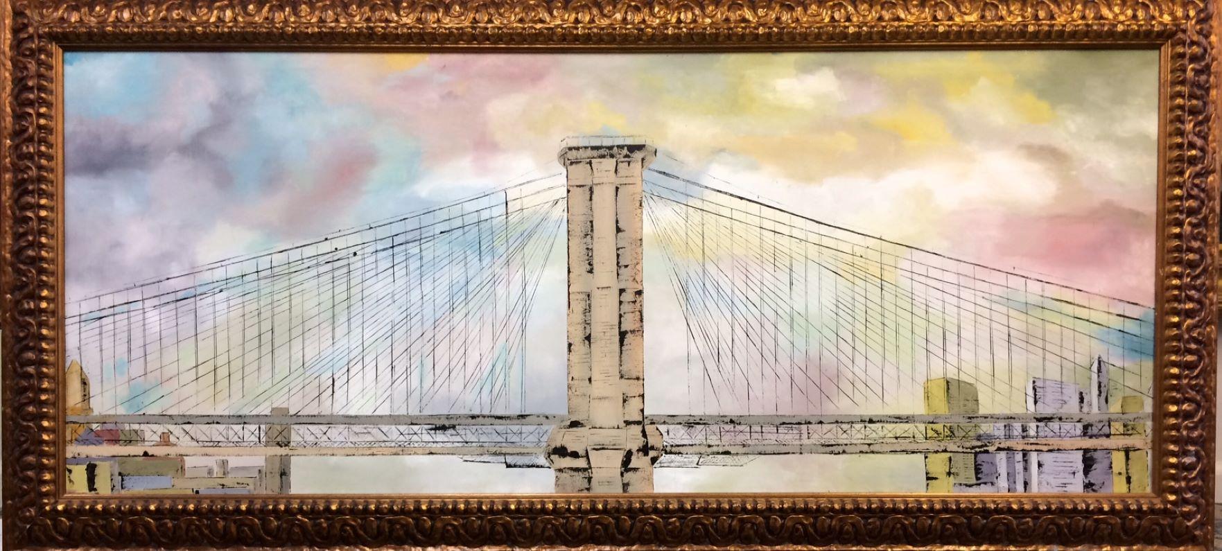 Jim Twerell Landscape Painting - Roebling's Bridge, original 27x66 expressionist landscape of Brooklyn NYC