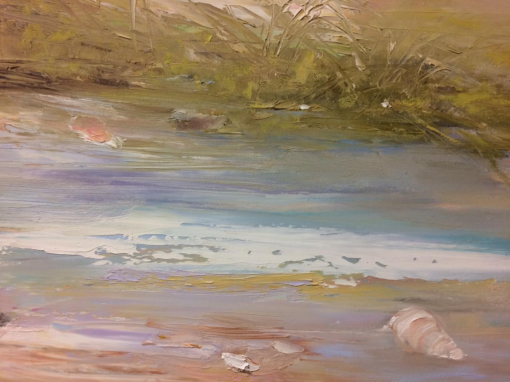 L'artiste du Connecticut Karen Ponelli a utilisé une gamme de teintes pastel pour créer ce paysage marin resplendissant de coquillages lavés par le soleil.  Cette peinture à l'huile originale est un abstrait impressionniste avec de lourds