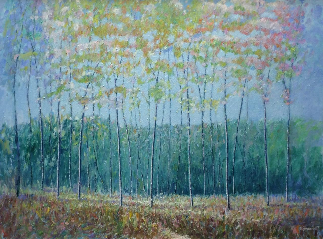 Forest Fantasy, original 30x40 contemporary landscape - Painting by Eugene Maziarz